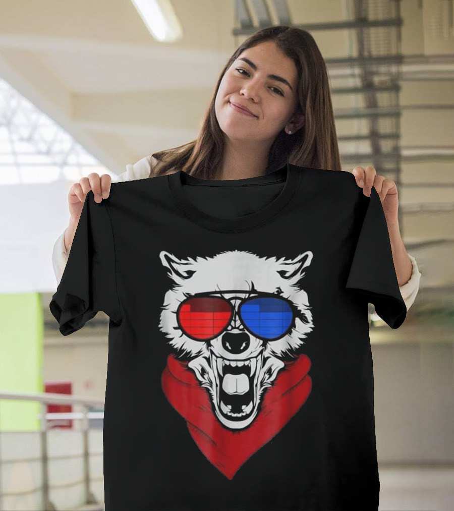 Wolf Wearing 3D Glasses with Red Blue Glow and LED Sound Activation T-Shirt