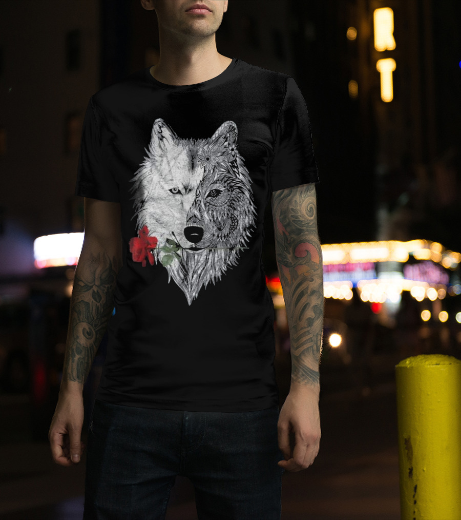 Wolf Mandala Canis Lupus Rose Duality T-Shirt