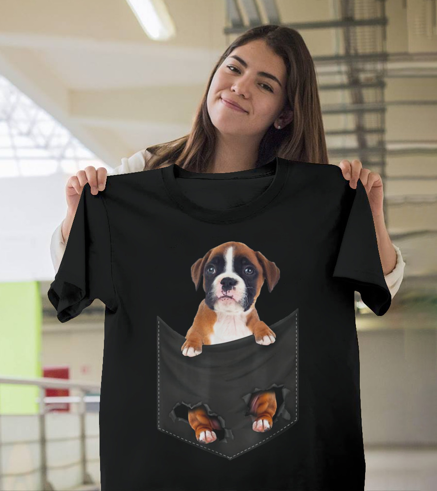 Boxer Dog in Pocket with Ripped T-Shirt