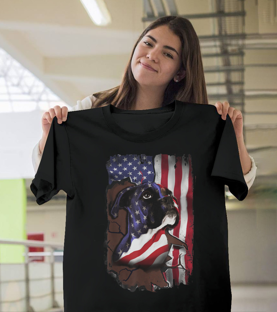 Boxer Dog Wrapped in American Flag Breaking Through Patriotism T-Shirt