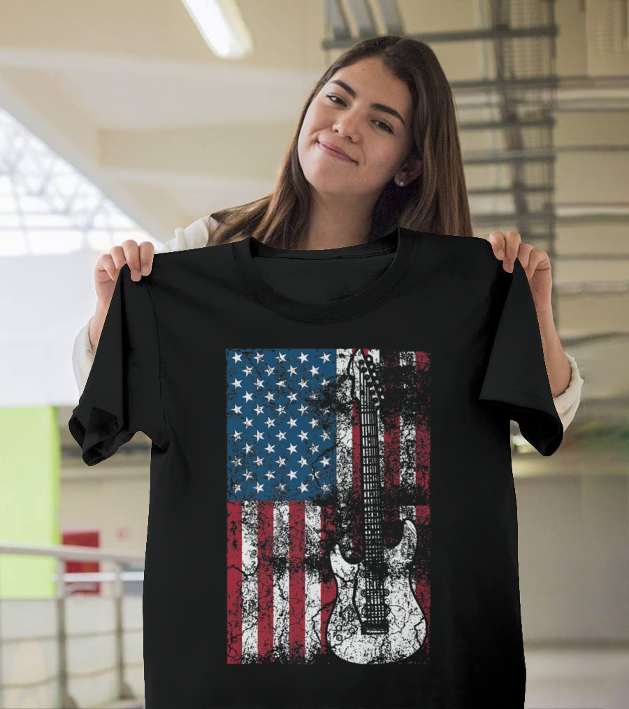 USA Flag Guitar Patriotic Distressed American Flag Guitar T-Shirt