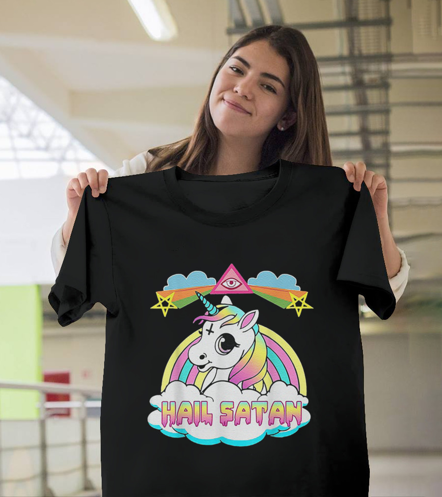 Hail Satan Unicorn with Rainbow and All-Seeing Eye in Funny Rain Clouds T-Shirt