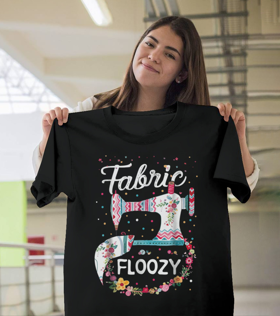 Fabric Floozy Sewing Machine with Floral Patterns and Button Accents T-Shirt