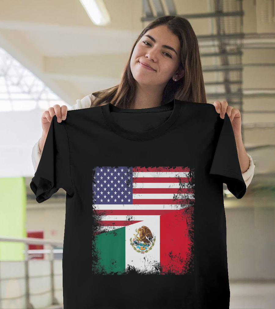 Half American Half Mexican Distressed Flag T-Shirt