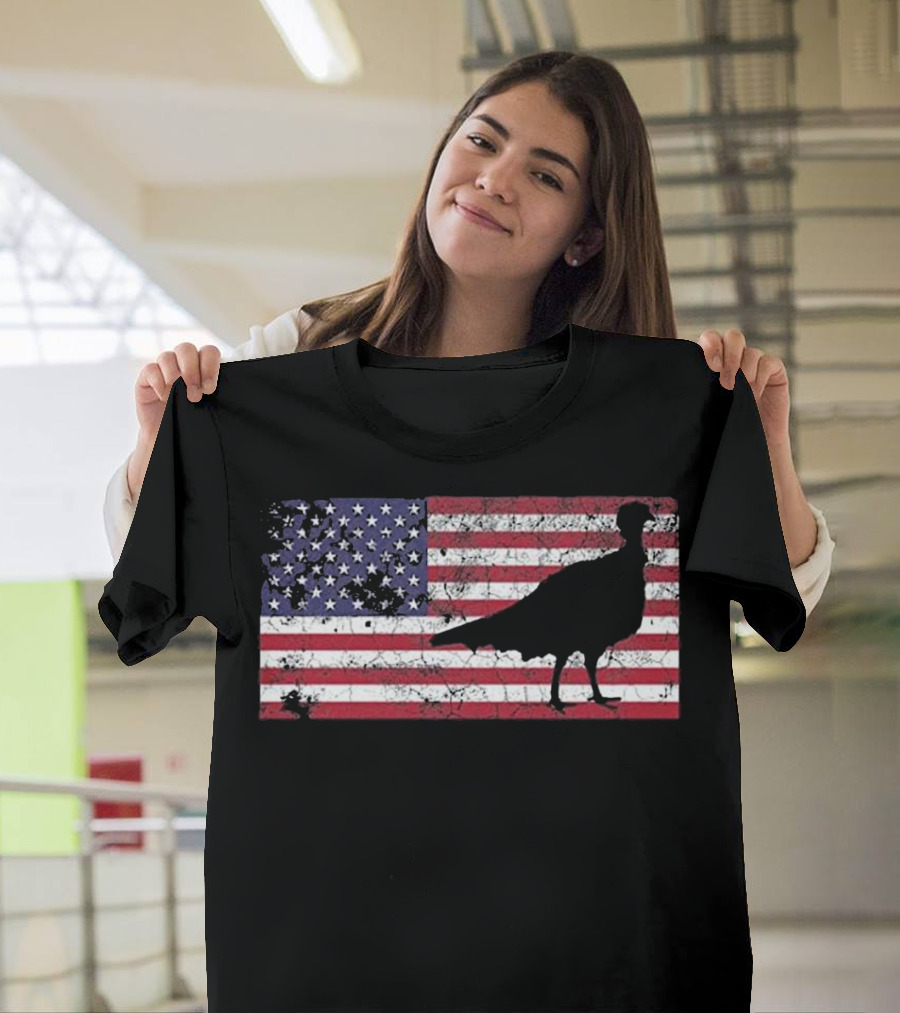 Turkey Hunting Silhouette with American Flag Background USA T-Shirt
