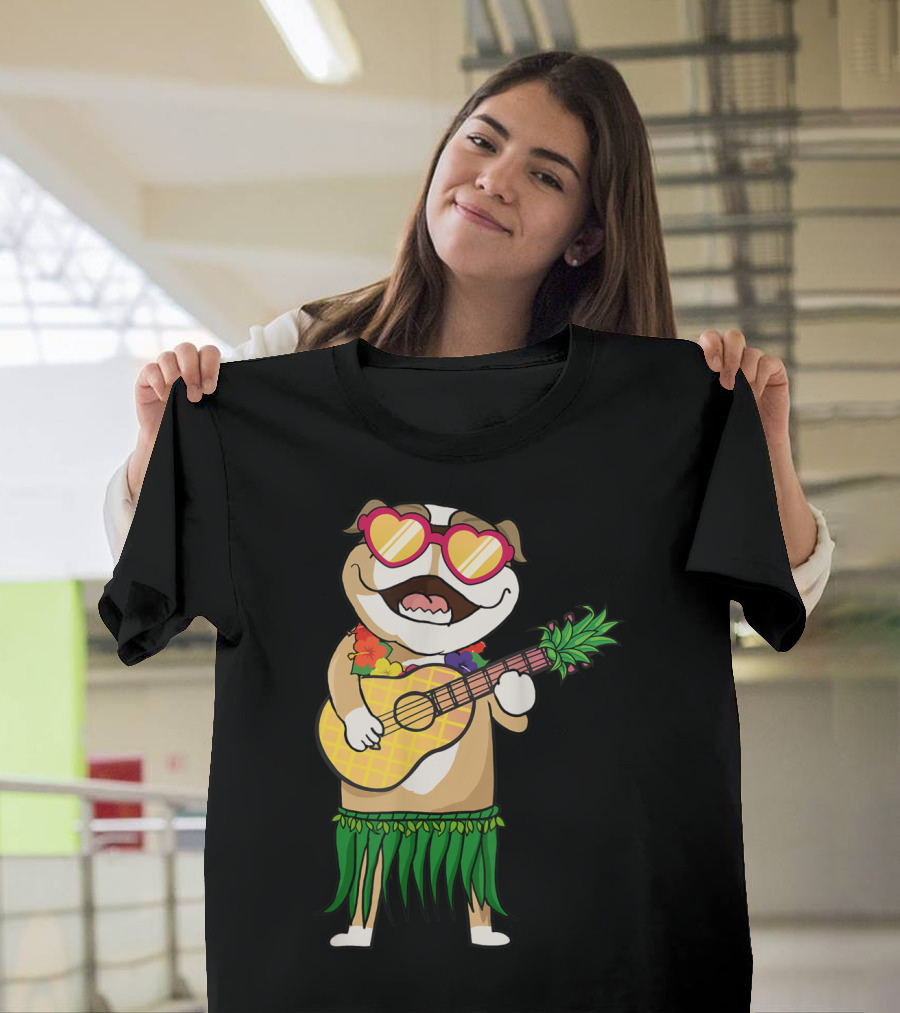 Bulldog Hawaiian Costume Playing Ukulele Summer Hula Festive Look T-Shirt