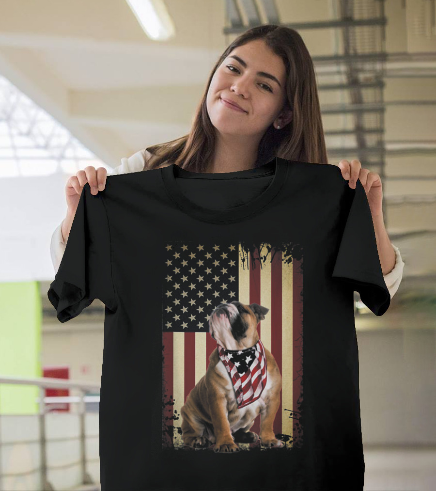 Bulldog Smile with American Flag Bandana Patriotic Independence T-Shirt