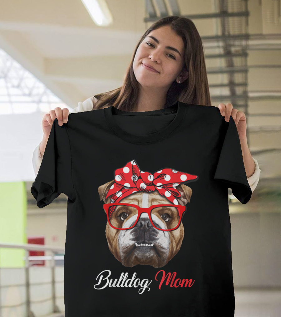 Bulldog Mom Red Polka Dot Headband Glasses T-Shirt