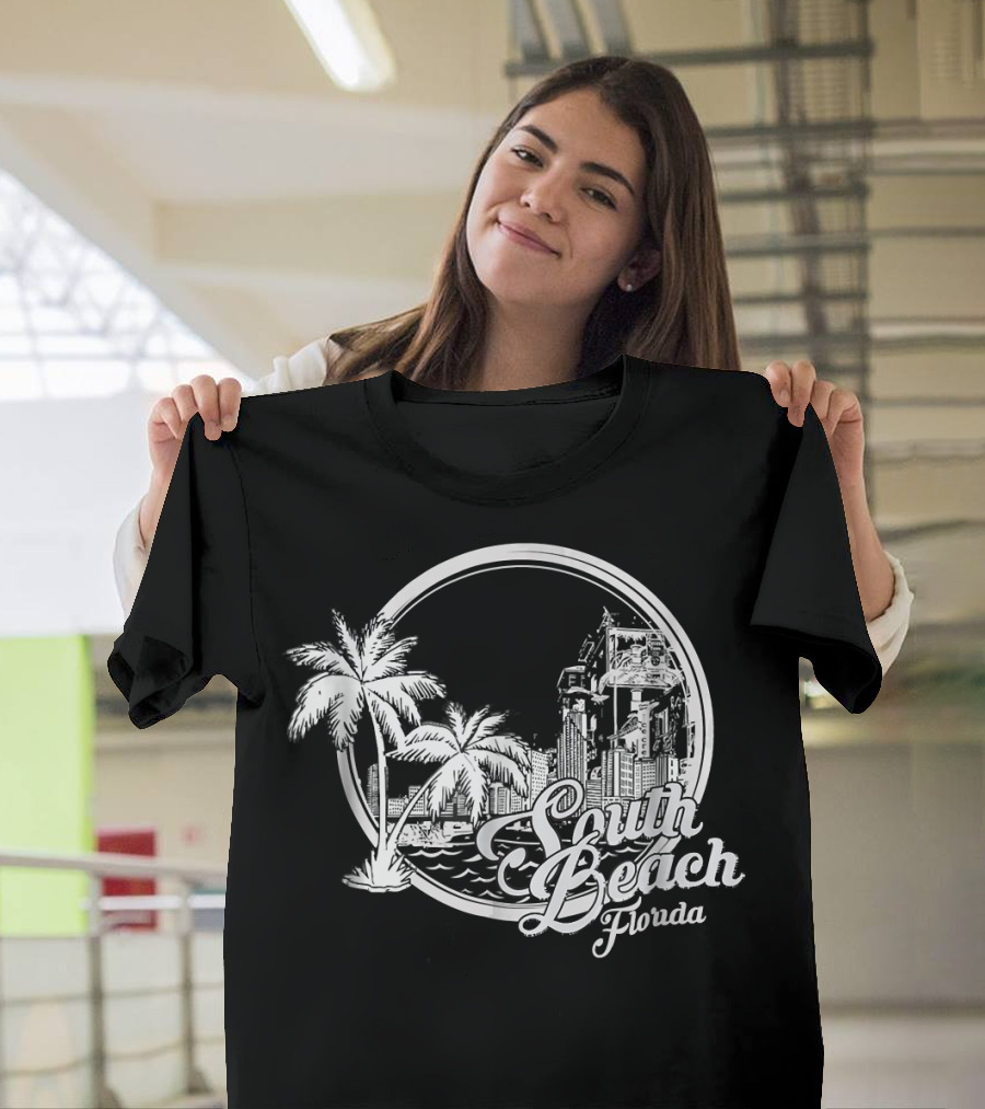 South Beach Miami Florida Vintage Beach Retro Skyline and Palm Trees T-Shirt