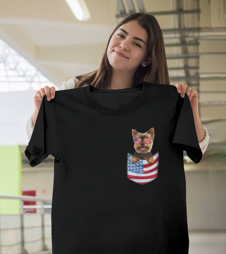 Yorkshire Terrier Yorkie with US Flag Sunglasses in American Flag Pocket T-Shirt