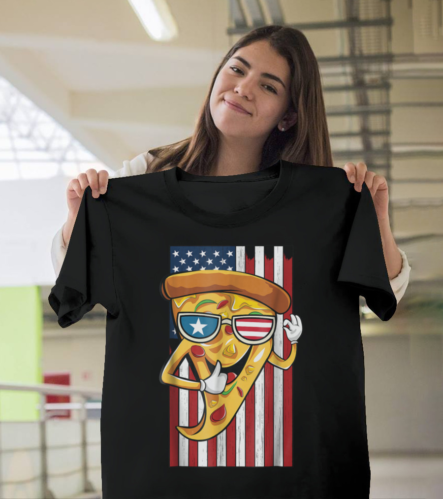Funny Pizza Slice Wearing Sunglasses American USA Flag T-Shirt