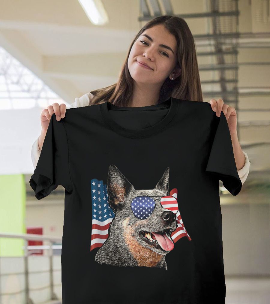Australian Cattle Dog USA Flag Sunglasses T-Shirt