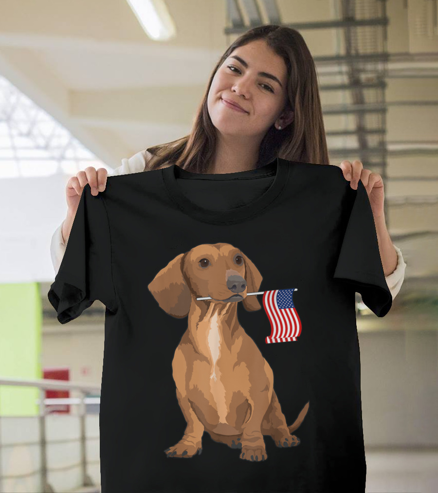 Dachshund Holding American Flag with Patriotic Expression T-Shirt