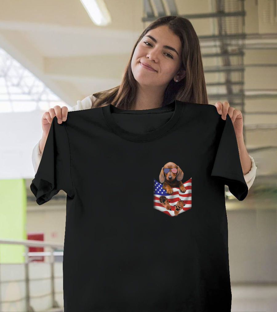 Dachshund with American Flag Sunglasses in Patriotic Pocket American Flag T-Shirt