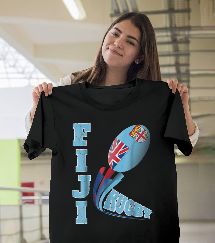 Fiji Rugby Distressed Marbled Text Union Jack Logo Ball T-Shirt
