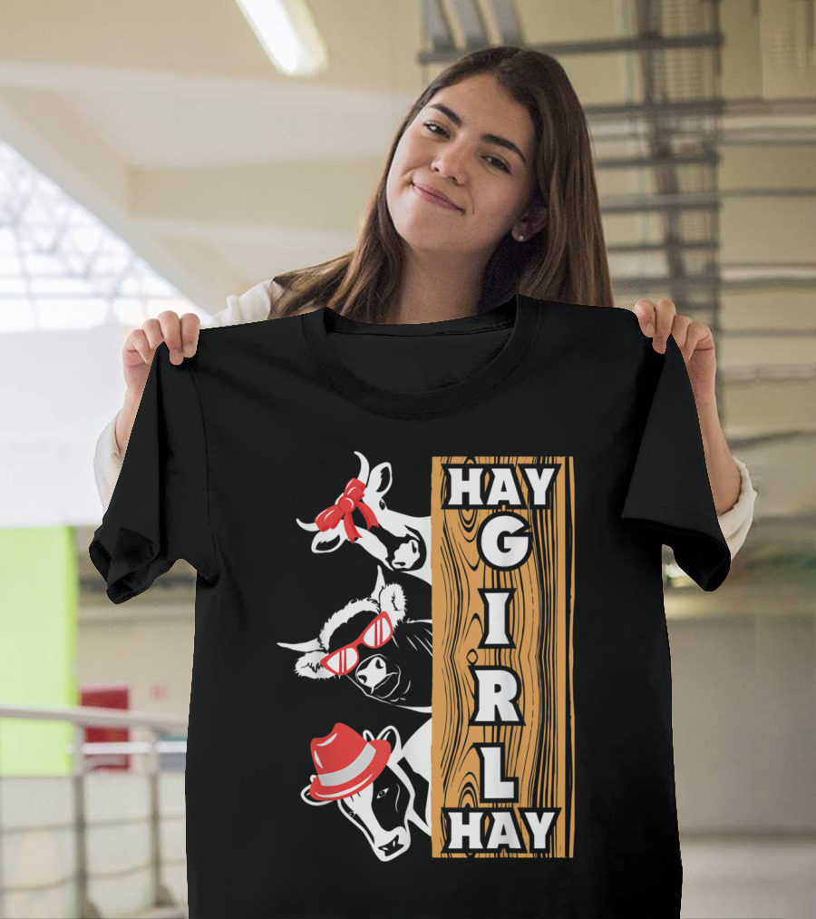 Hay Girl Hay Cows Funny Womanizer with Red Hats and Glasses T-Shirt