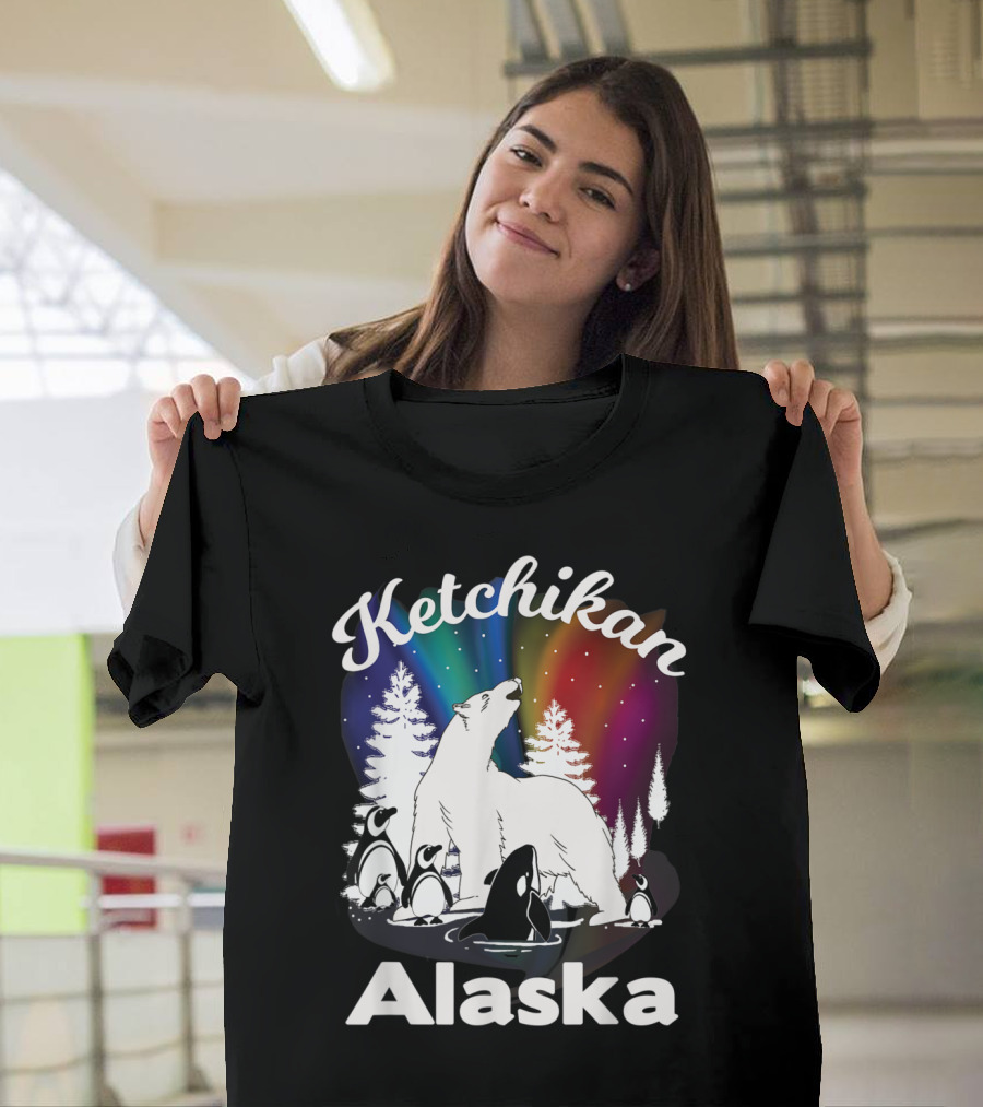 Ketchikan Alaska Polar Bear Orca Penguins Aurora Borealis T-Shirt