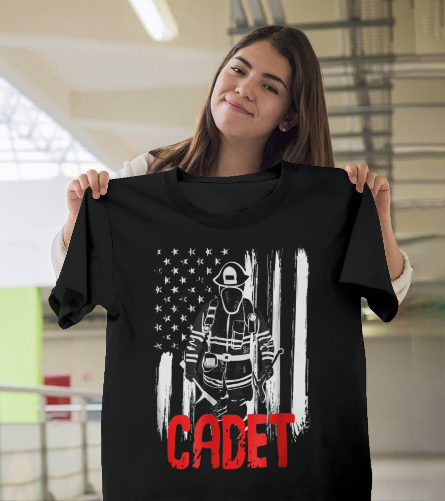 Cadet Firefighter with American Flag Background T-Shirt