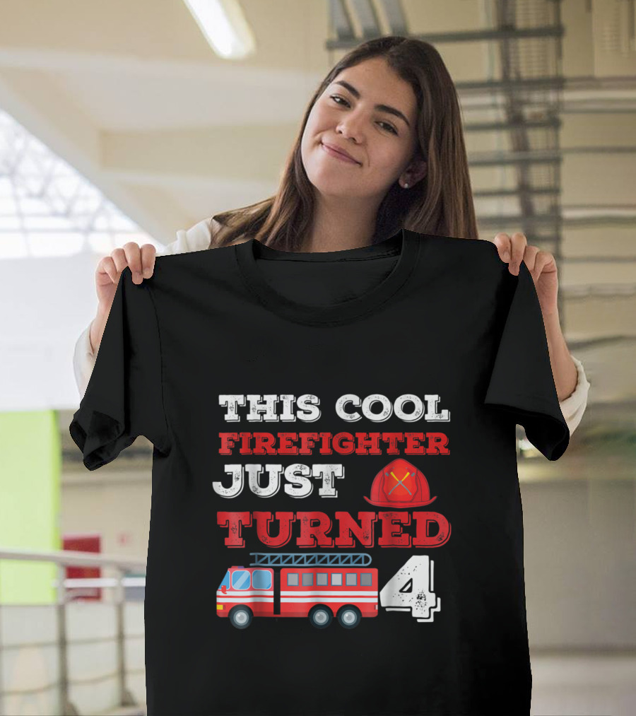 This Cool Firefighter Just Turned 4 with Firetruck and Helmet T-Shirt
