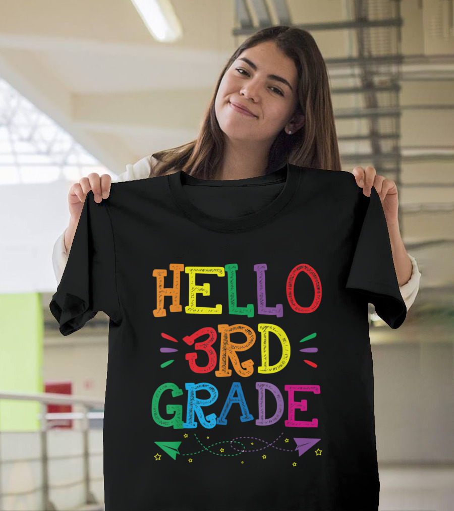 Hello 3rd Grade Teacher Kids Back Rainbow Paper Planes Stars T-Shirt