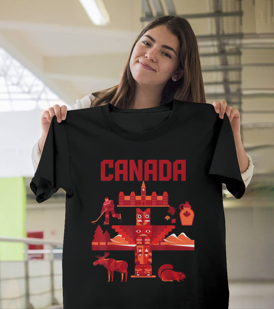 Canada Maple Leaf Moose Totem with Ice Hockey and Beaver T-Shirt
