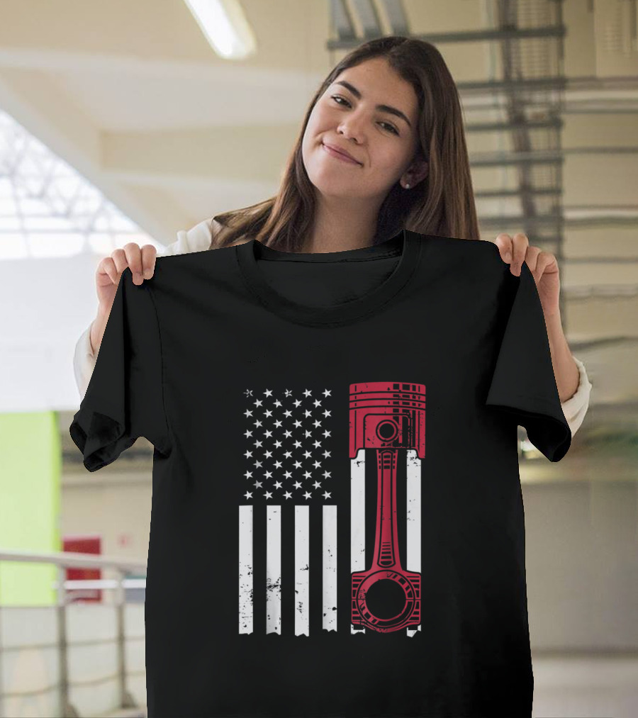 Car Enthusiast American Flag Piston USA T-Shirt