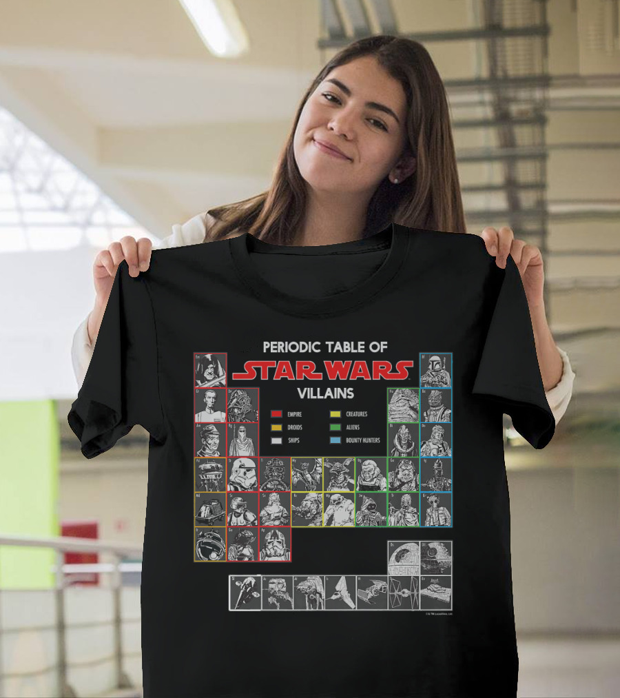 Periodic Table of Star Wars Villains Empire Droids Ships Creatures Aliens Bounty Hunters T-Shirt