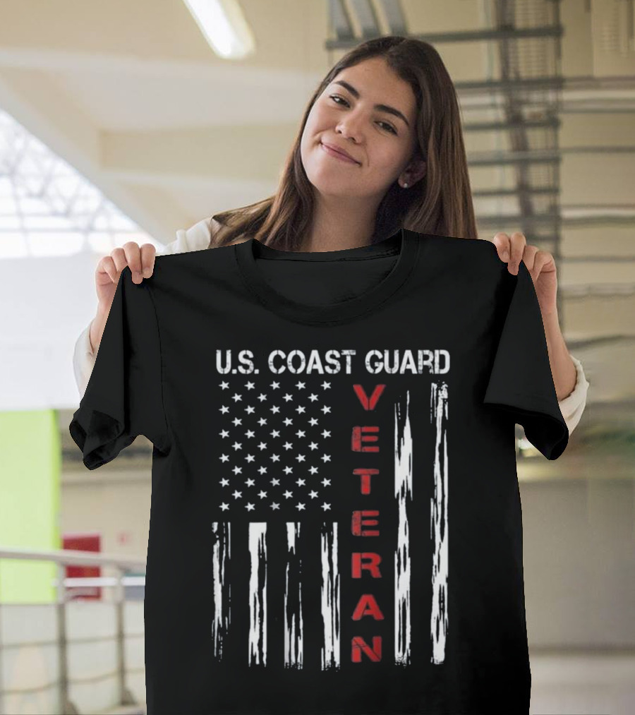 US Coast Guard Veteran American Flag Vertical Stripes T-Shirt