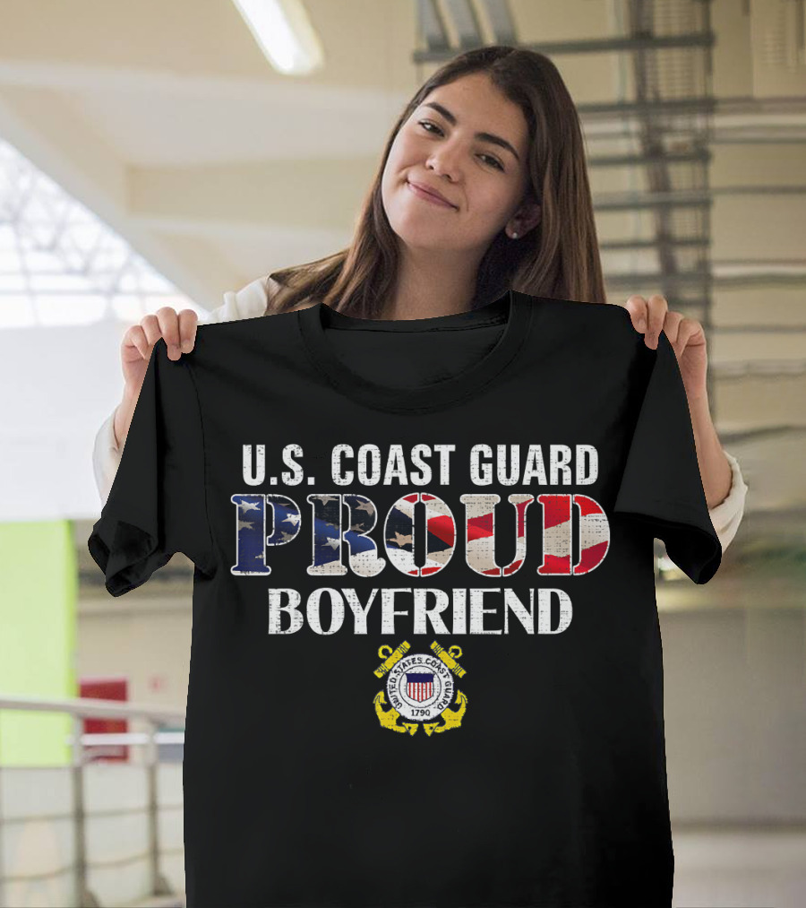 U.S. Coast Guard Proud Boyfriend with Emblem and American Flag Letters T-Shirt