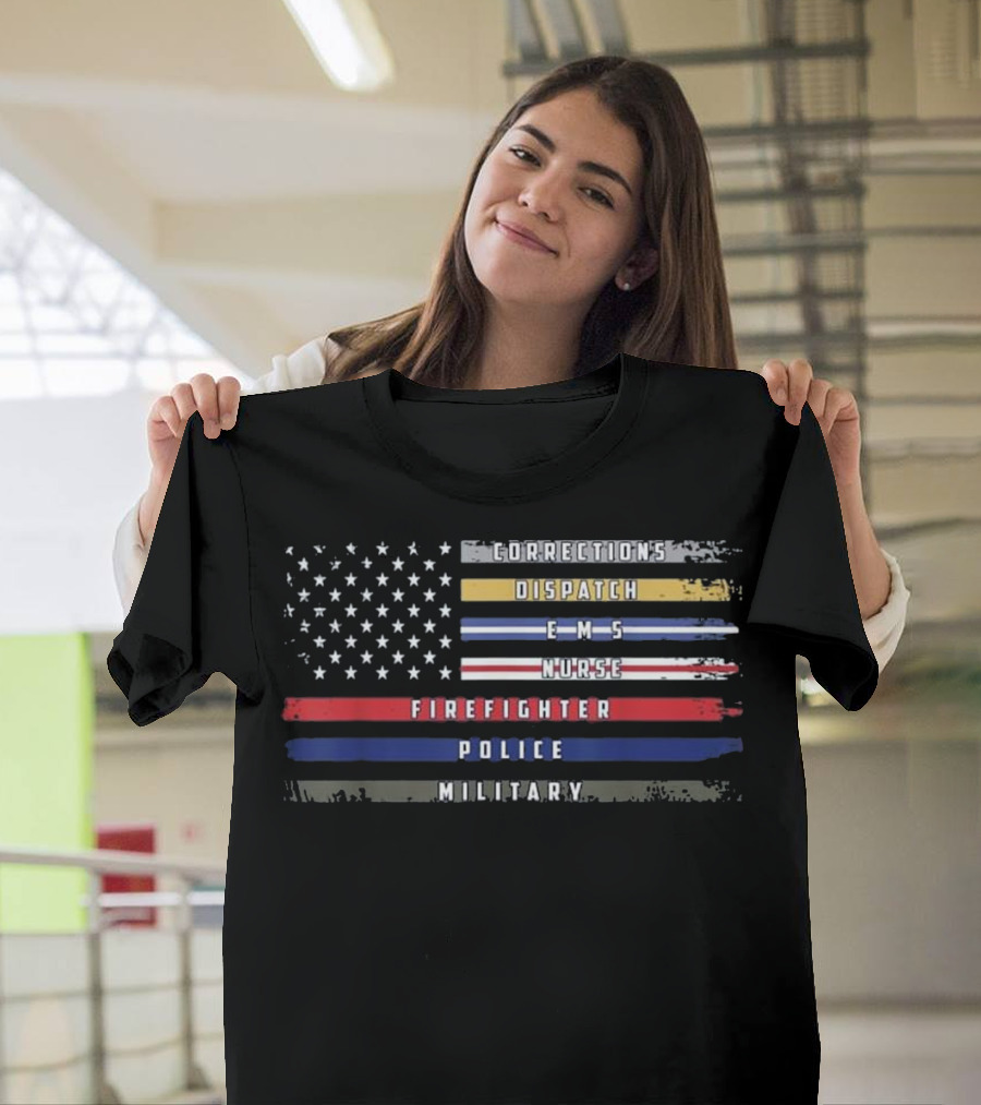 USA Flag Corrections Dispatch EMS Nurse Firefighter Police Military T-Shirt