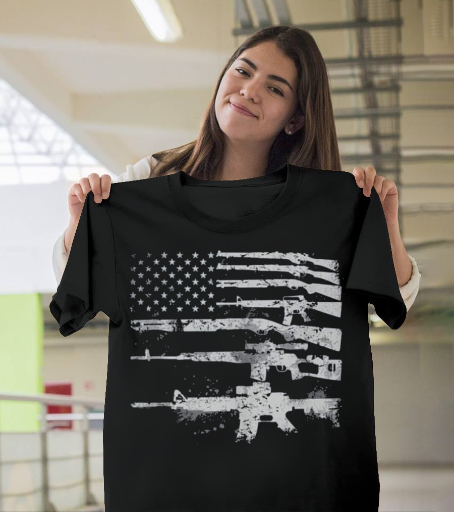USA Flag with Rifles and Stars Stripes Military Guns Weapons T-Shirt