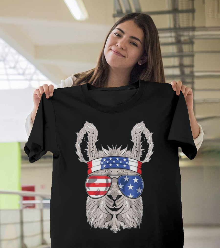 USA Patriotic Llama with American Flag Bandana and Sunglasses T-Shirt