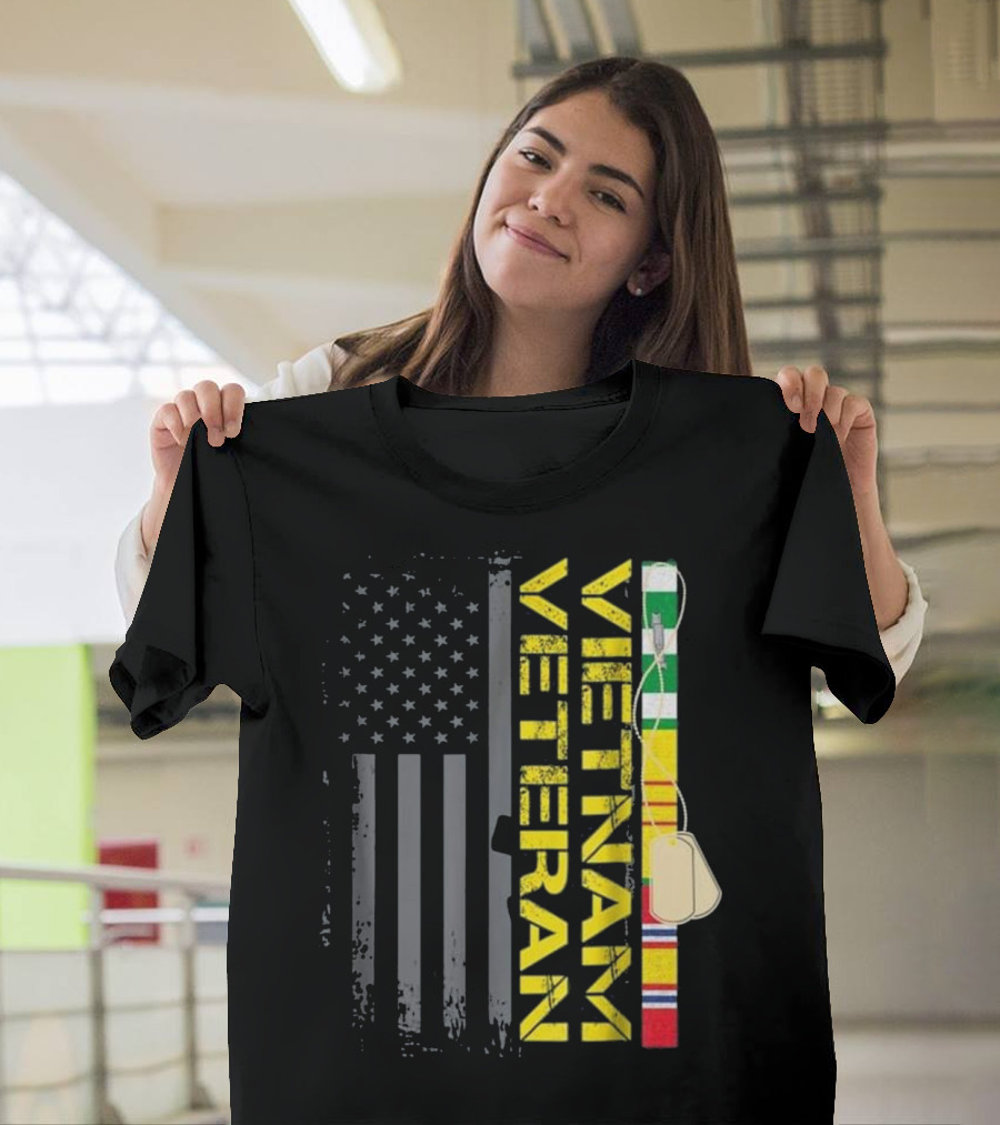 Vietnam Veteran US Flag with Service Medals Dog Tags T-Shirt