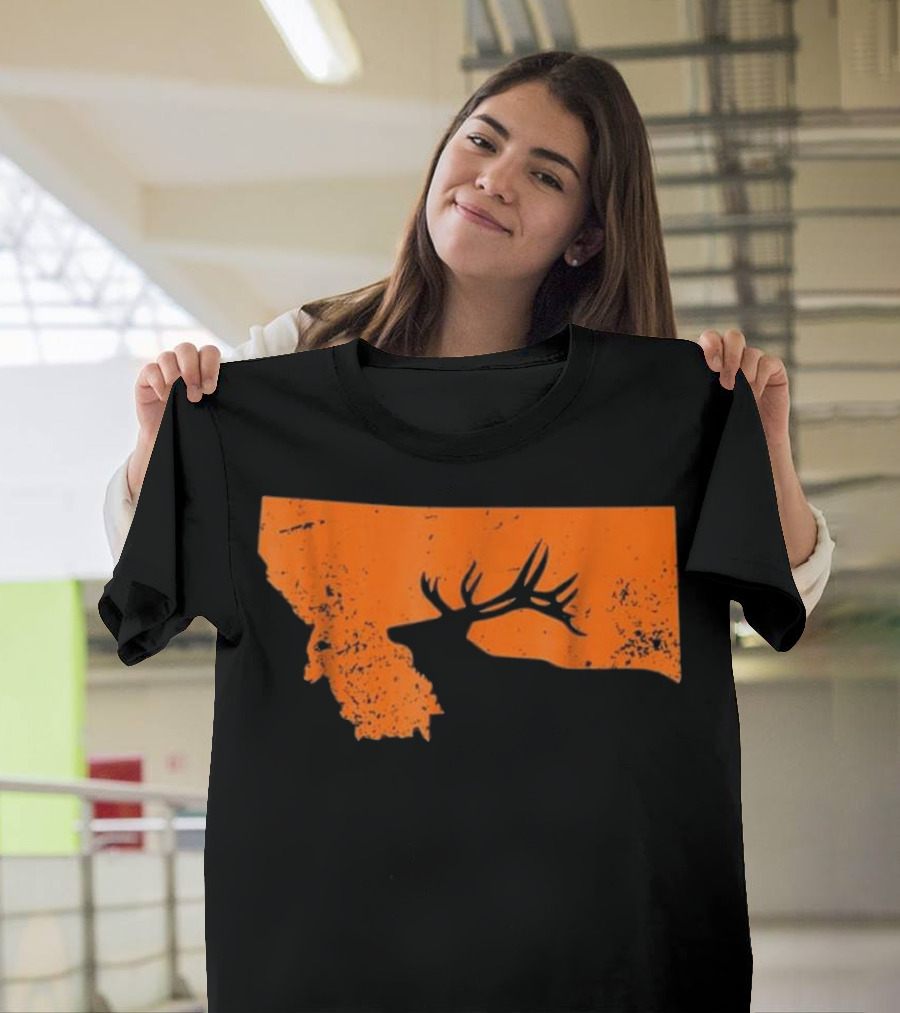 Vintage Montana Elk Hunting Silhouette Orange Map T-Shirt