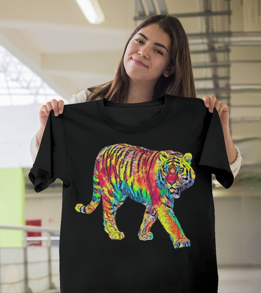 Walking Tiger Neon Rainbow Stripes T-Shirt
