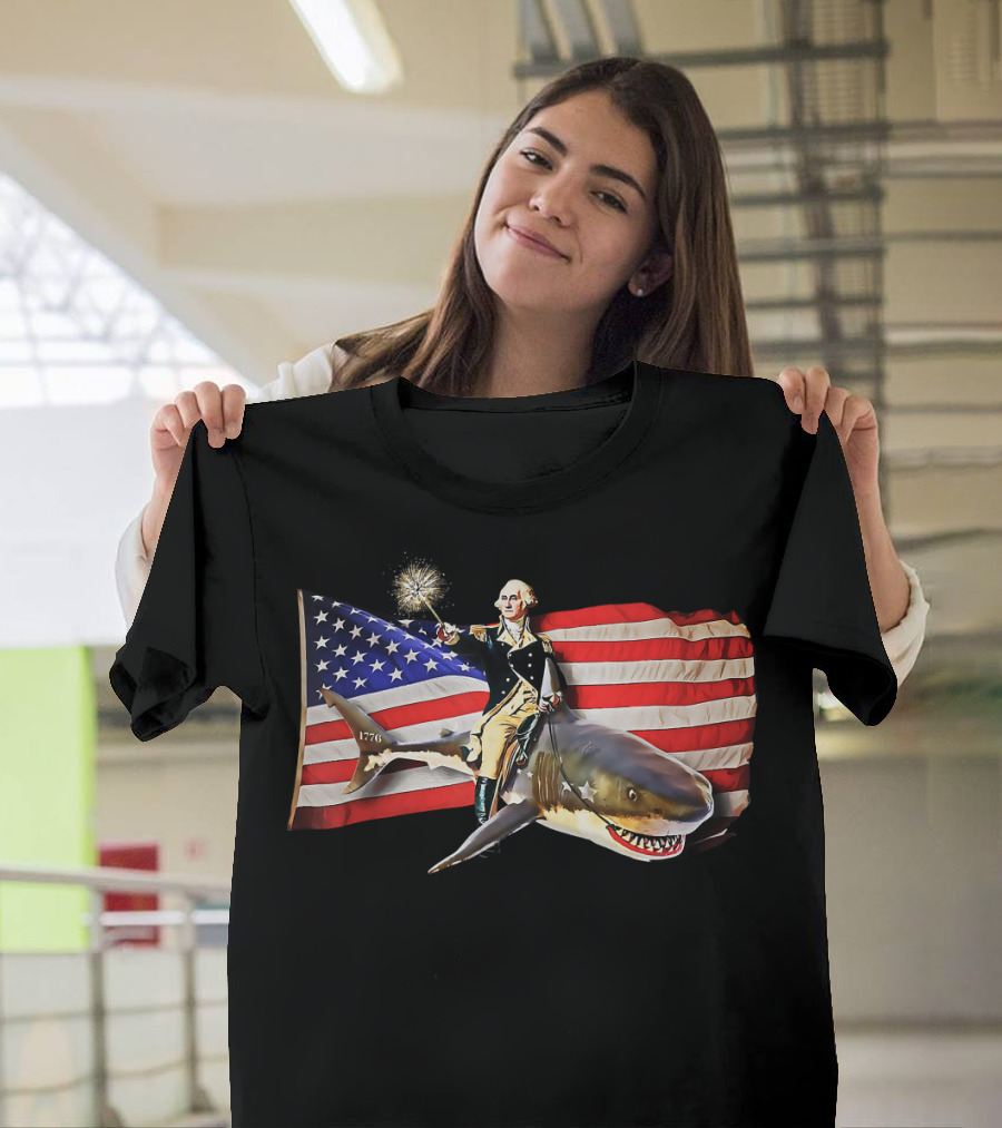 George Washington Riding Shark American Flag 1776 Sparkler T-Shirt