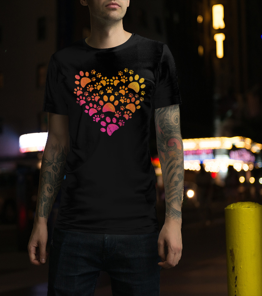 Heart Shaped Gradient Paw Prints For Dog Lovers T-Shirt