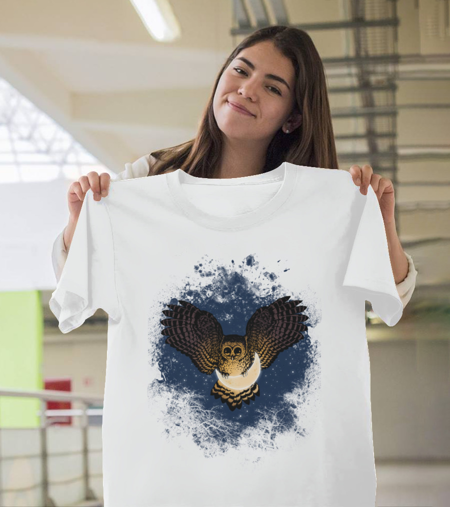 Owling Under the Starry Night Embracing the Crescent Moon T-Shirt