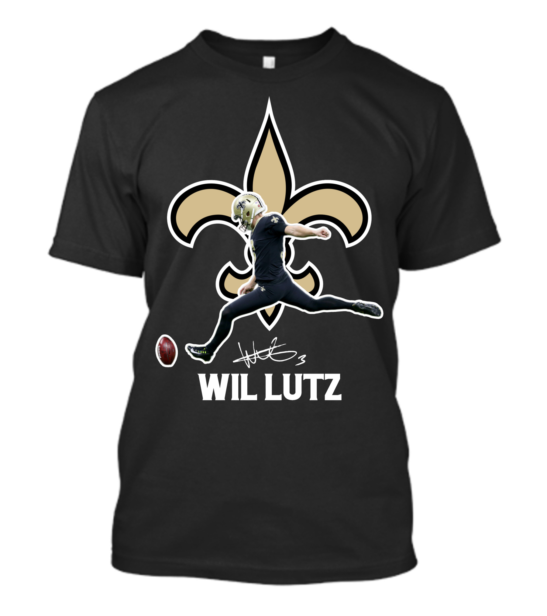 Wil Lutz New Orleans Saints Kicking Action Fleur-de-Lis T-Shirt