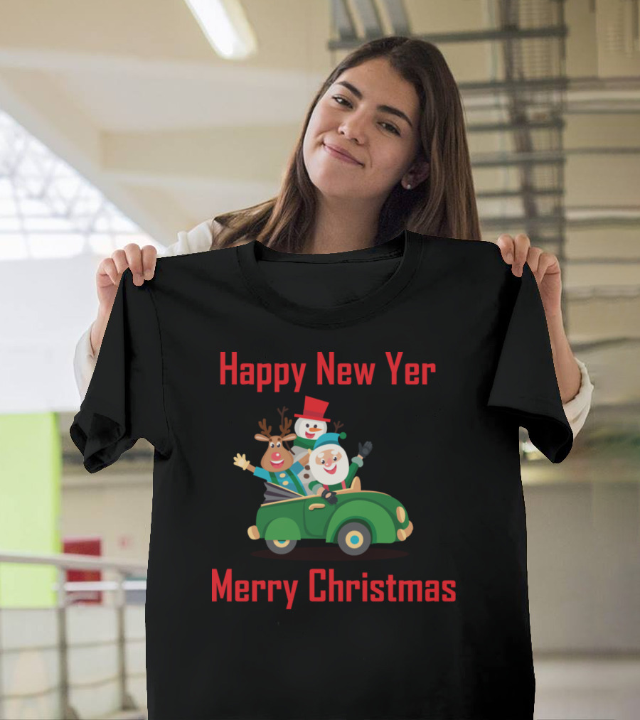 Happy New Year Merry Christmas Reindeer Snowman in Car T-Shirt