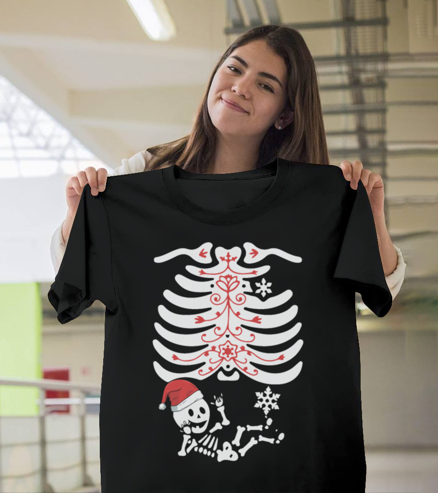 Maternity Christmas Skeleton Xray Pregnant Santa Hat Snowflake T-Shirt