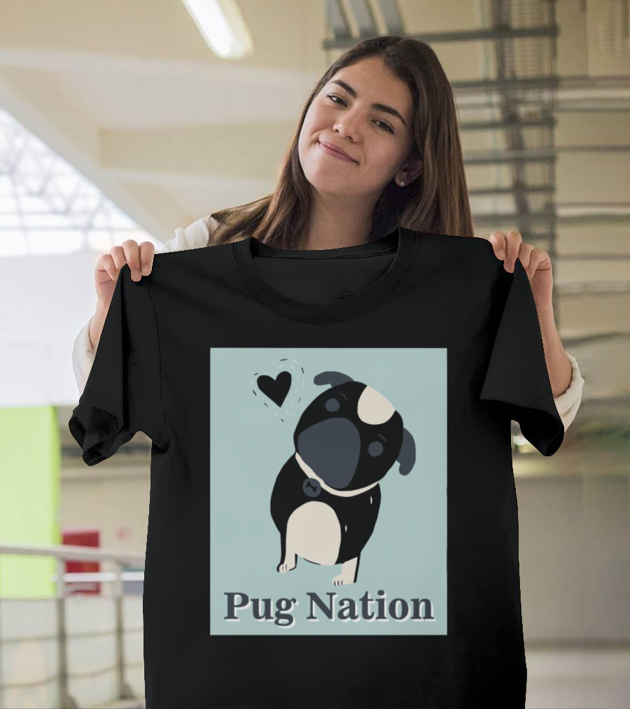 Pug Nation Heart Illustration on Light Blue T-Shirt