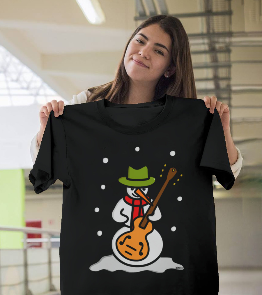 Snowman With Guitar in Green Hat and Red Scarf T-Shirt