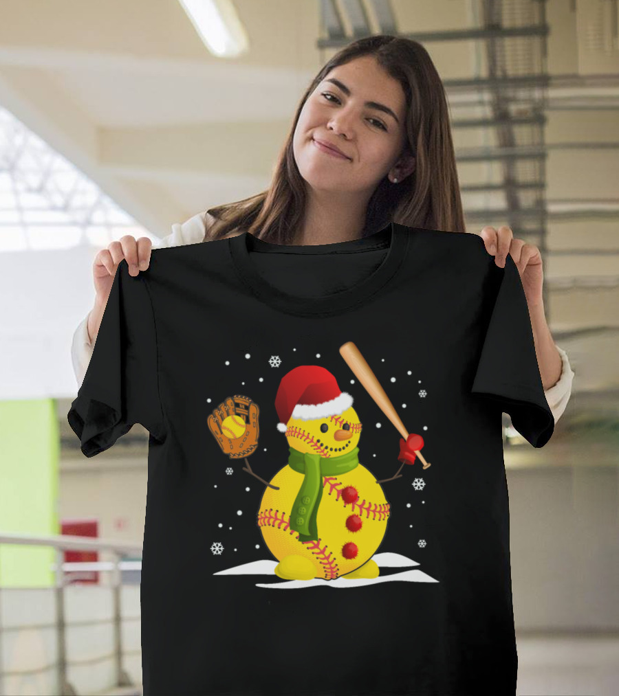 Santa Hat Softball Snowman with Bat and Glove Snowflakes T-Shirt