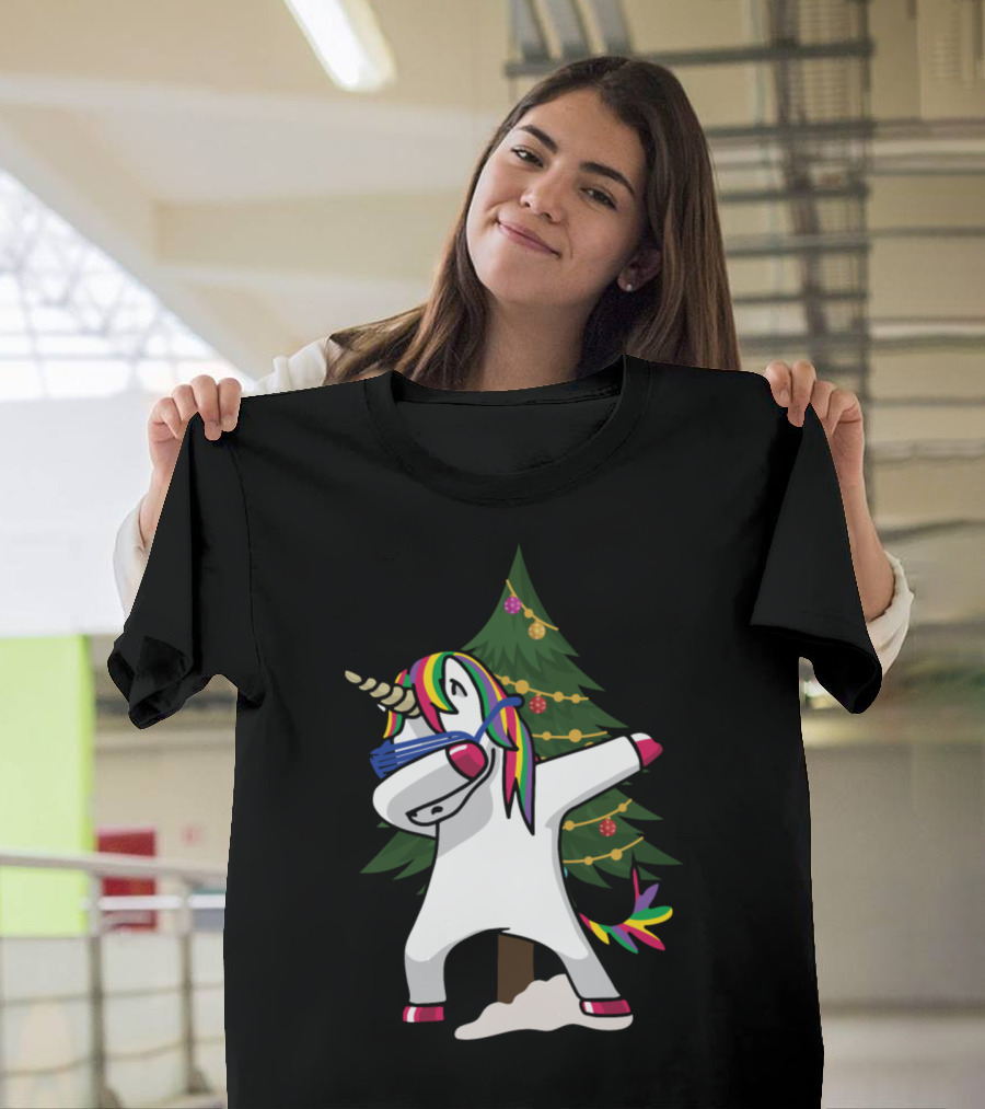 Dabbing Unicorn Christmas Tree Rainbow Mane T-Shirt