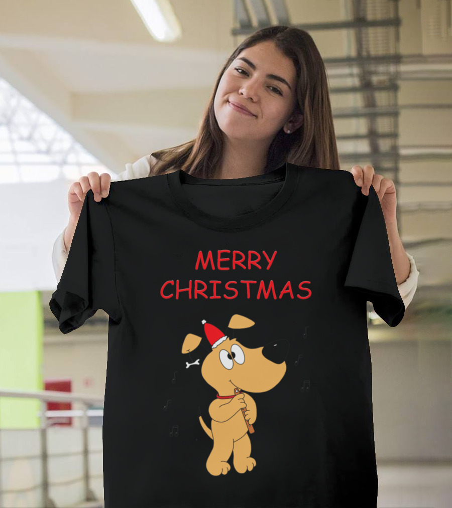 Merry Christmas Dog Plays Flute Wearing Santa Hat T-Shirt