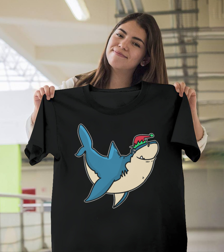 Elves Dwarfs Christmas Fable Gnome Shark Santa Hat T-Shirt