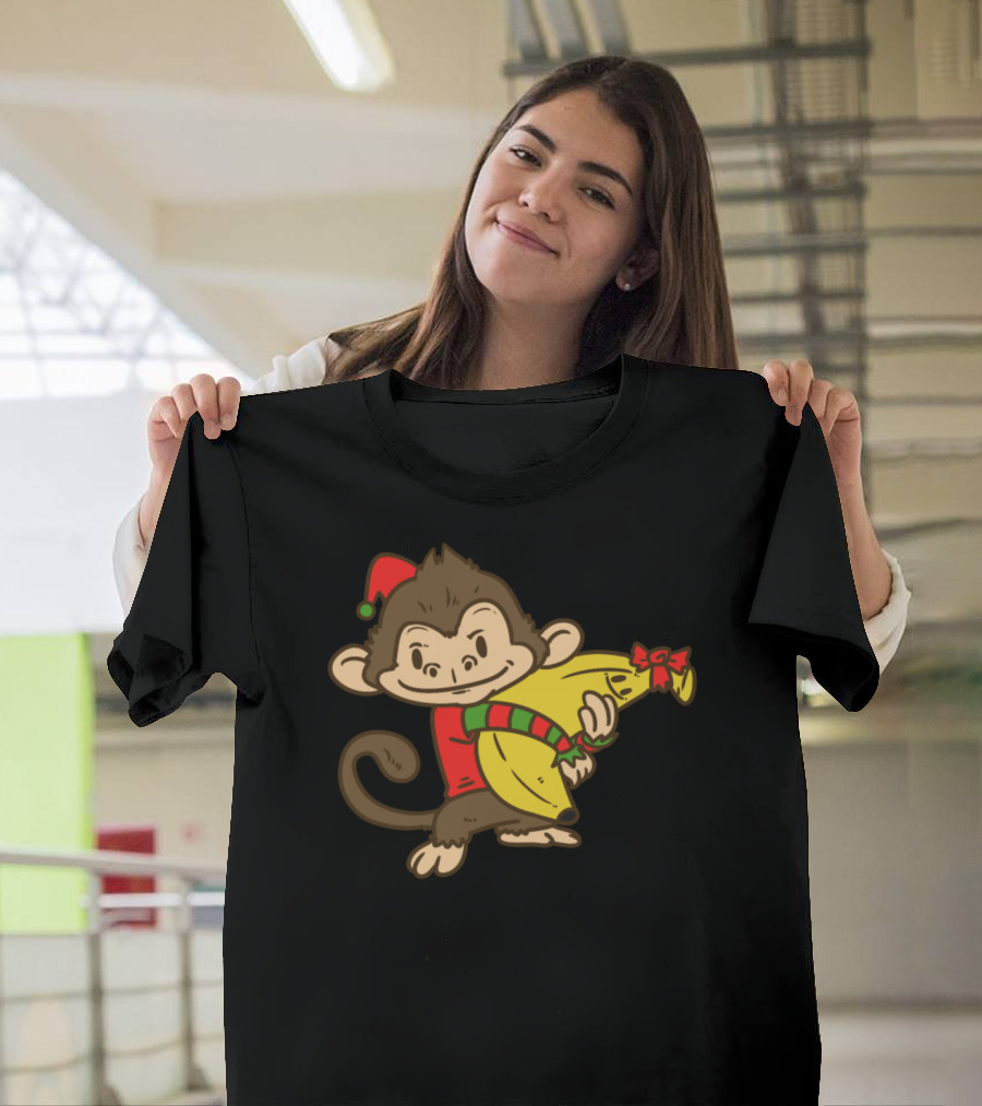 Christmas Elf Monkey Holding Festive Bananas T-Shirt