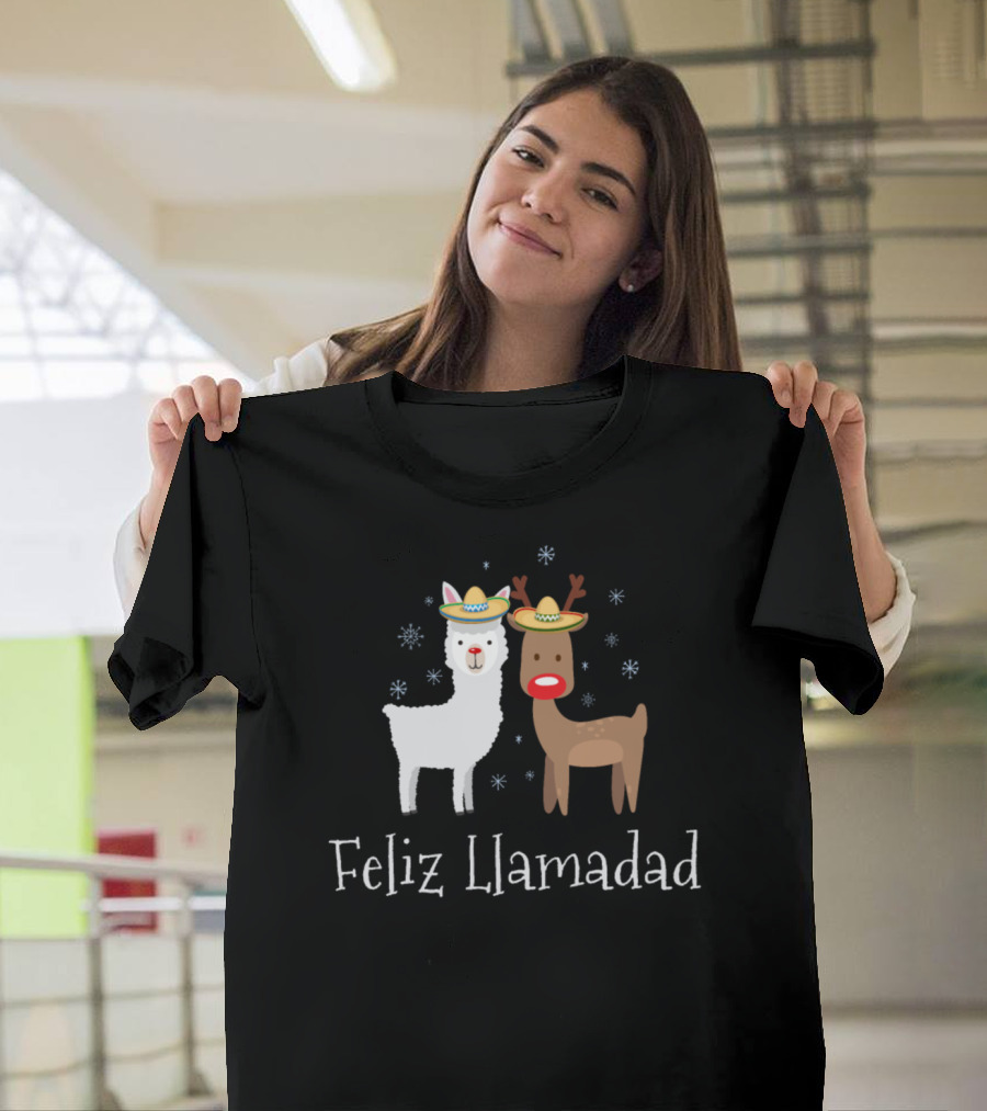 Feliz Llamadad Navidad Christmas Llama Reindeer Sombrero Snowflakes T-Shirt