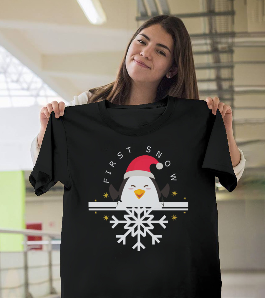 First Snow Penguin Santa Hat Snowflake T-Shirt